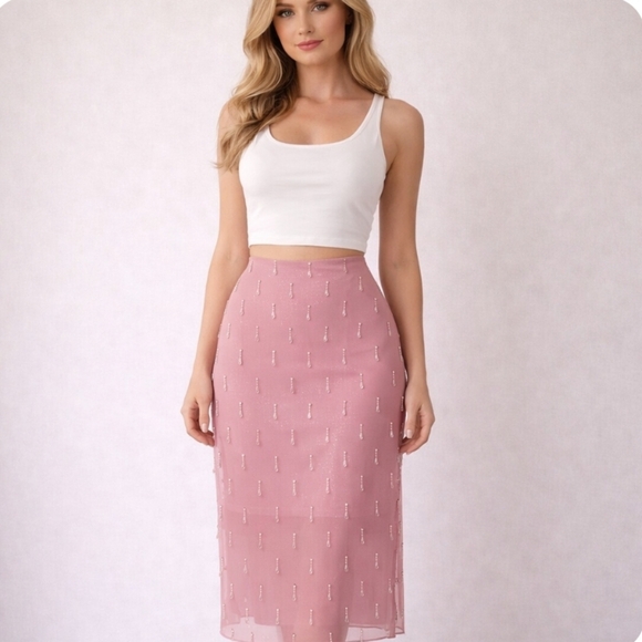 Cinq A Sept | Marta Pink Silk Midi Beaded Skirt NWT - Picture 11 of 11